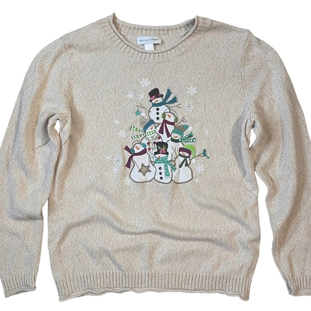 Christopher & Banks Beige Sparkle Snowman Crewneck Sweater